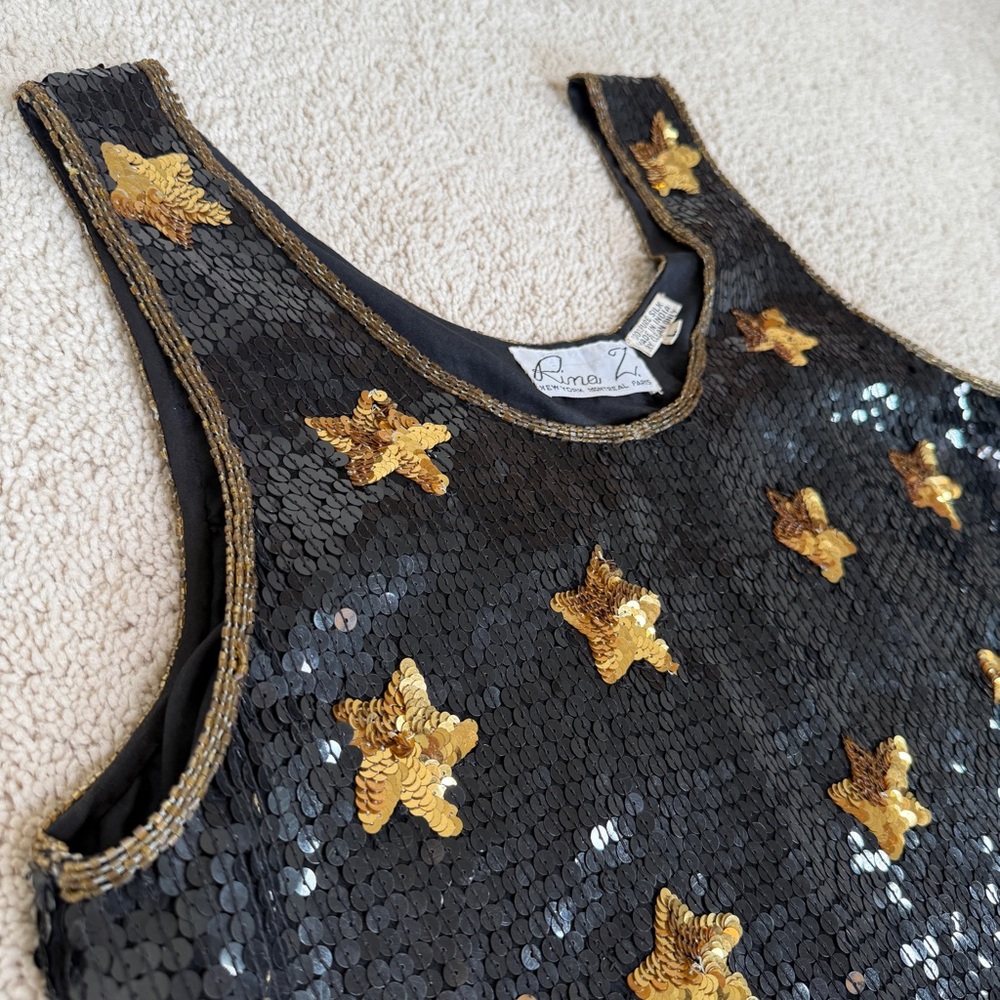 Vintage Rina Z. New York Montreal Paris 100% Silk Sequin Beaded Stars Tank Top - Picture 4 of 17